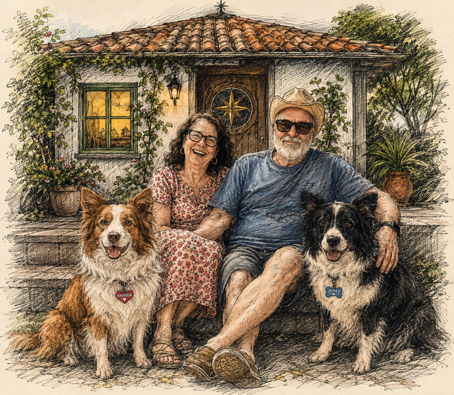 Walter e Virgínia diante da casa autoral, com seus companheiros caninos. Esta casa autoral não nasceu no vazio.Ela tem, em seus alicerces, a presença de Virgínia, dos afetos da família e dos pequenos companheiros que ajudam a lembrar que nenhuma obra verdadeira nasce sem chão, cuidado e pertencimento.