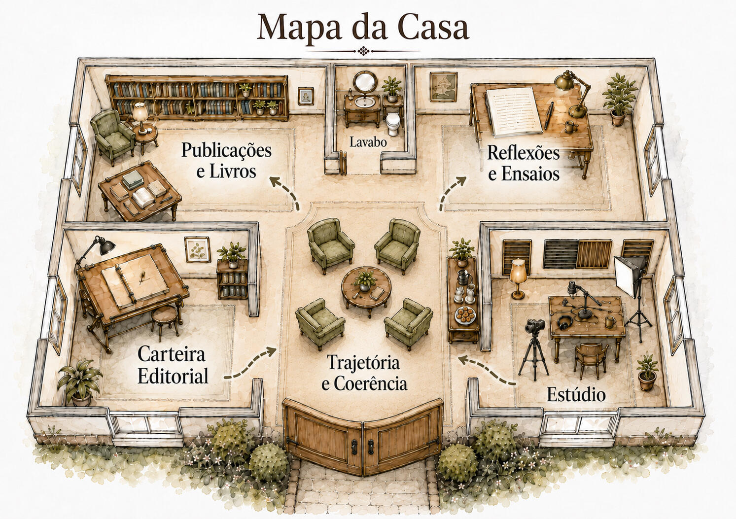 Walter e Virgínia diante da casa autoral, com seus companheiros caninos. Esta casa autoral não nasceu no vazio.Ela tem, em seus alicerces, a presença de Virgínia, dos afetos da família e dos pequenos companheiros que ajudam a lembrar que nenhuma obra verdadeira nasce sem chão, cuidado e pertencimento.